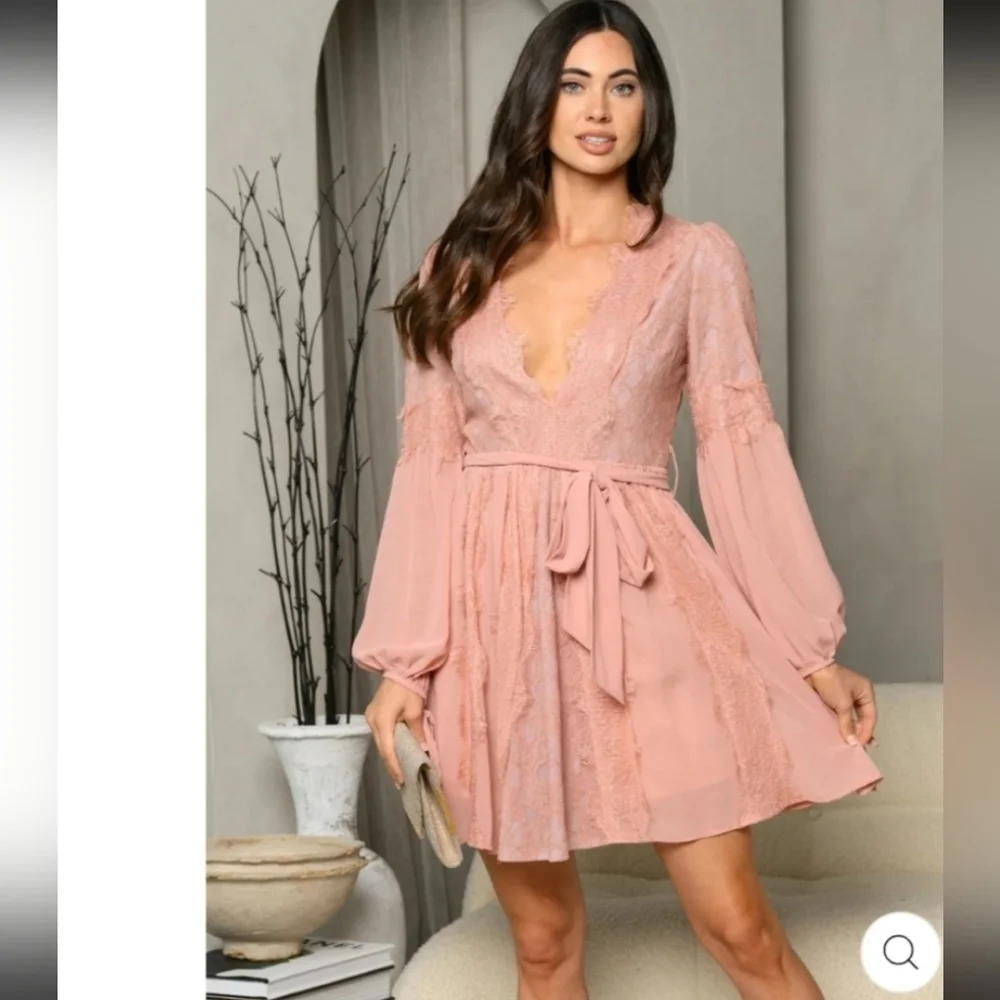 Large Blush lace long sleeve dress - Picture 3 of 4